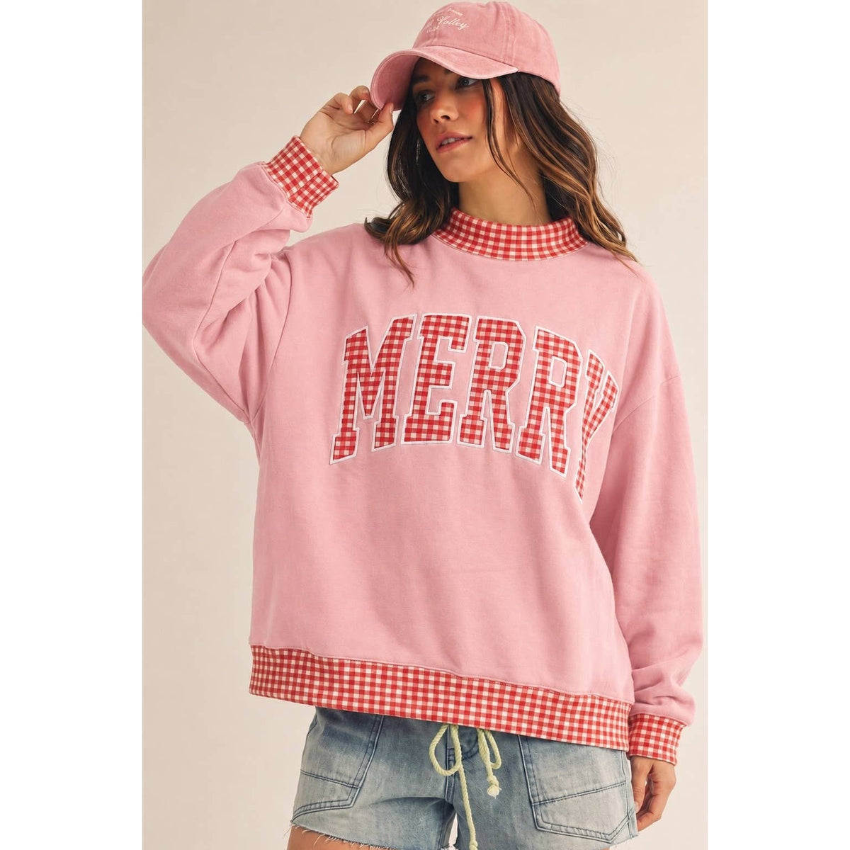 Christmas Merry Gingham Plaid Trim Patch Pullover