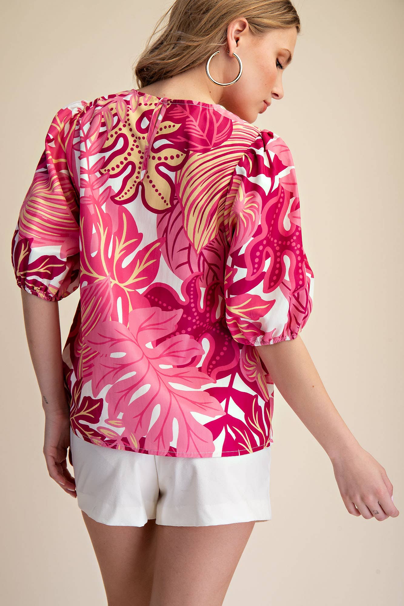 Puff Sleeve Tropical Printed Top