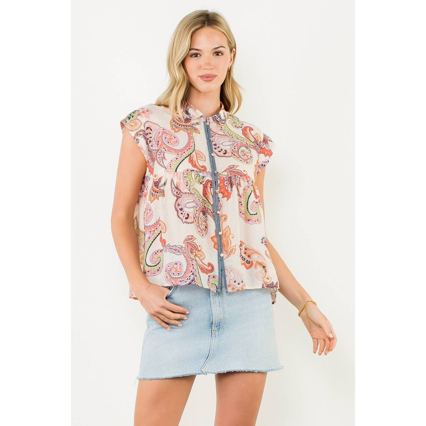 Cap Sleeve Paisley Button Down Top