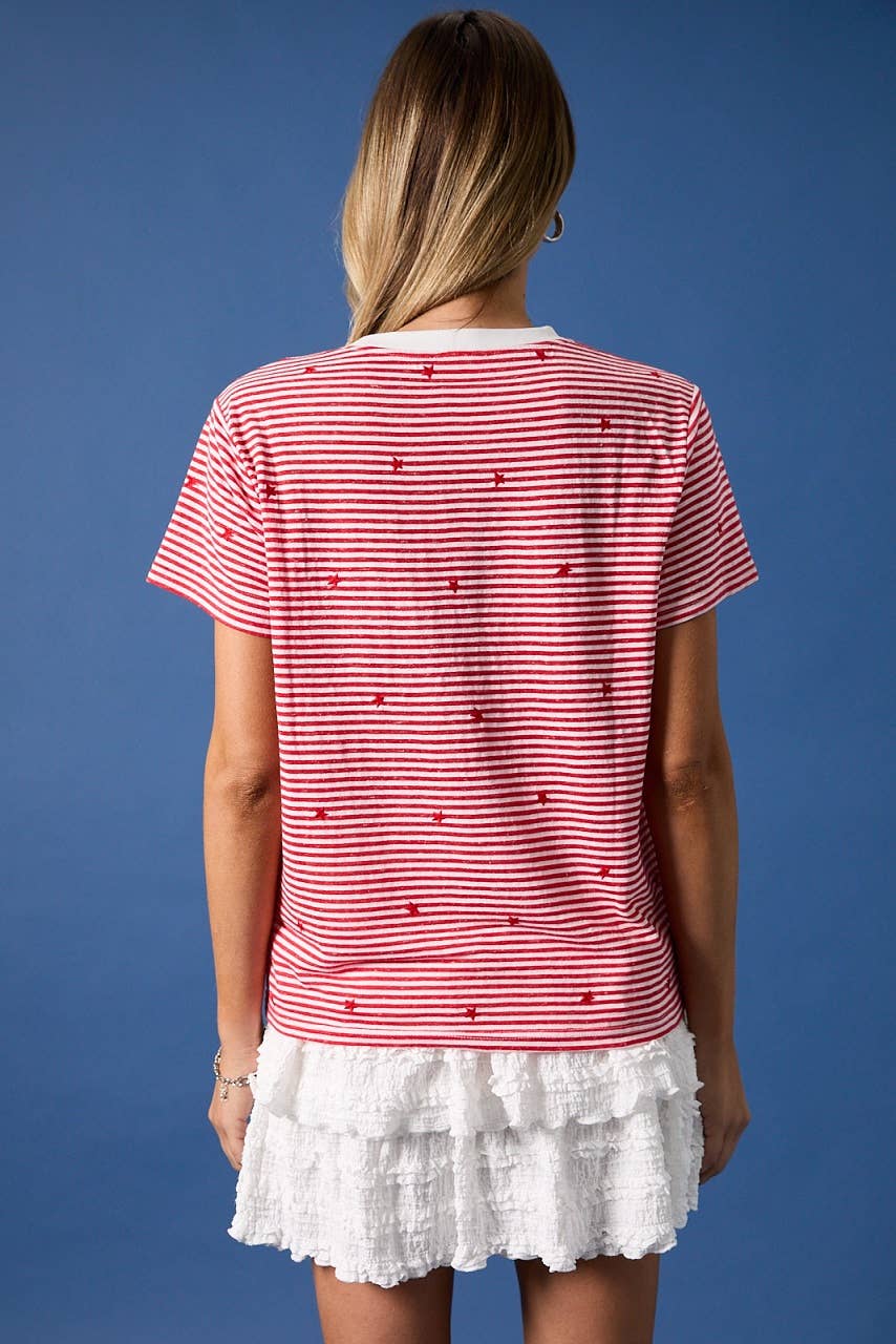 STRIPE KNIT T-SHIRT WITH ALL OVER STAR EMBROIDERY