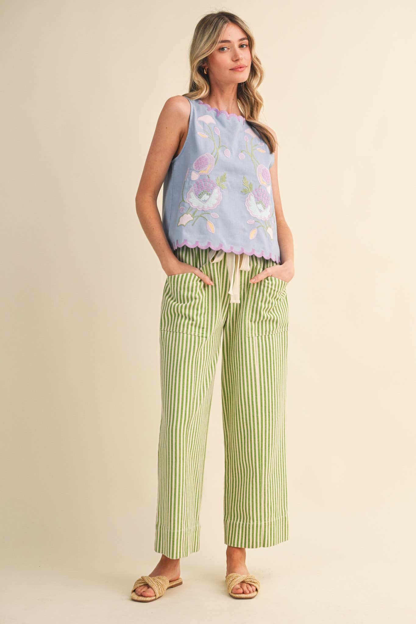 FLORAL EMBROIDERY SCALLOPED TANK