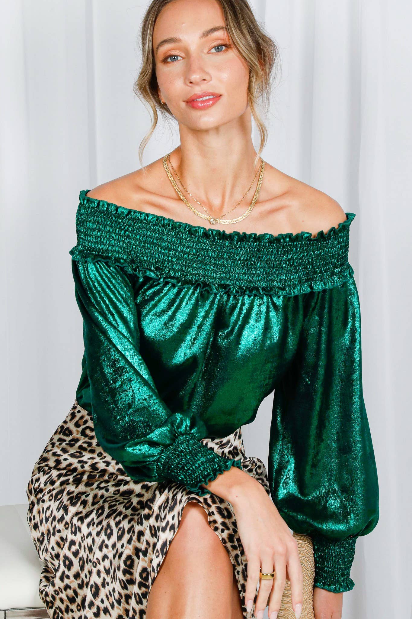 Metallic Woven Off-The-Shoulder Smocked Blouse