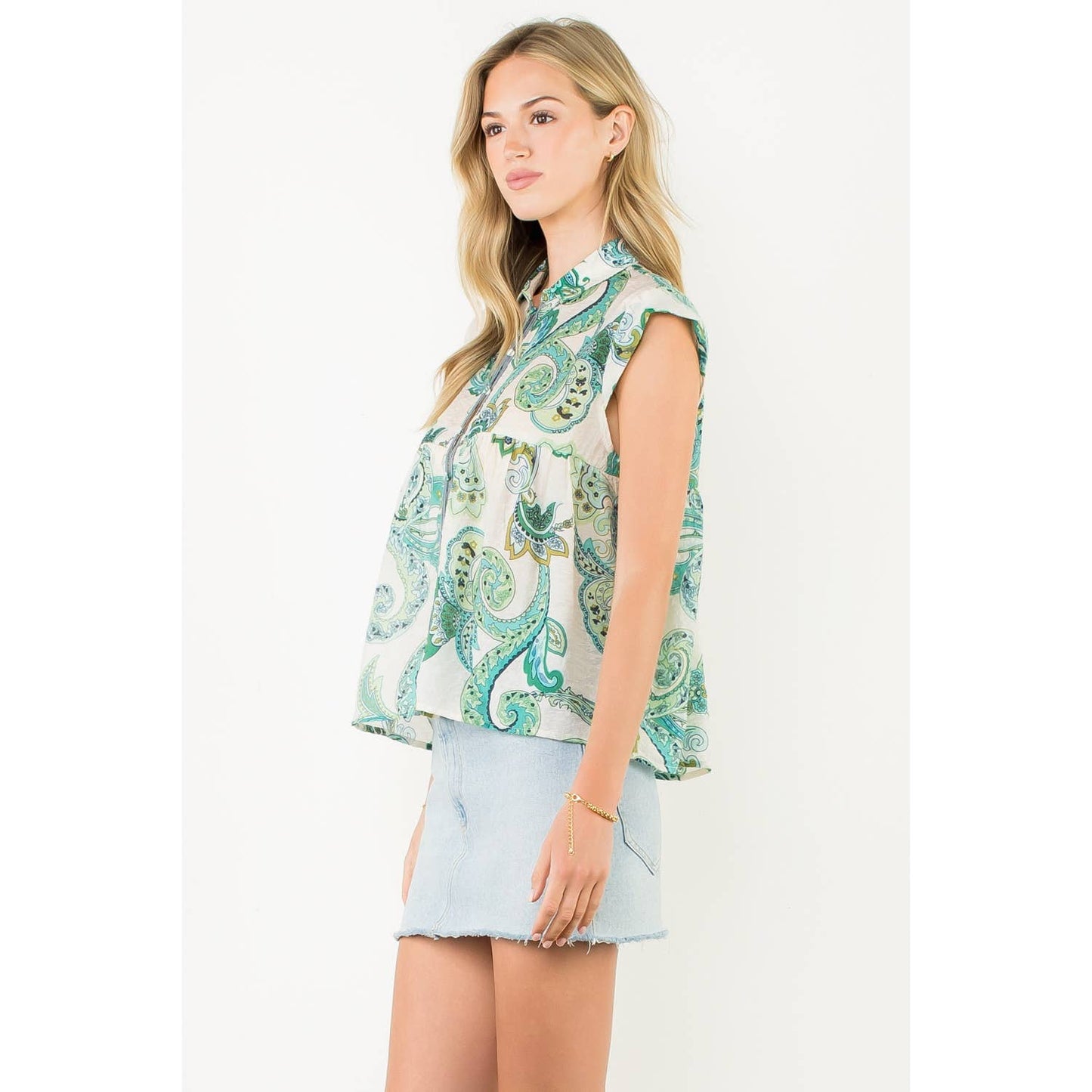 Cap Sleeve Paisley Button Down Top