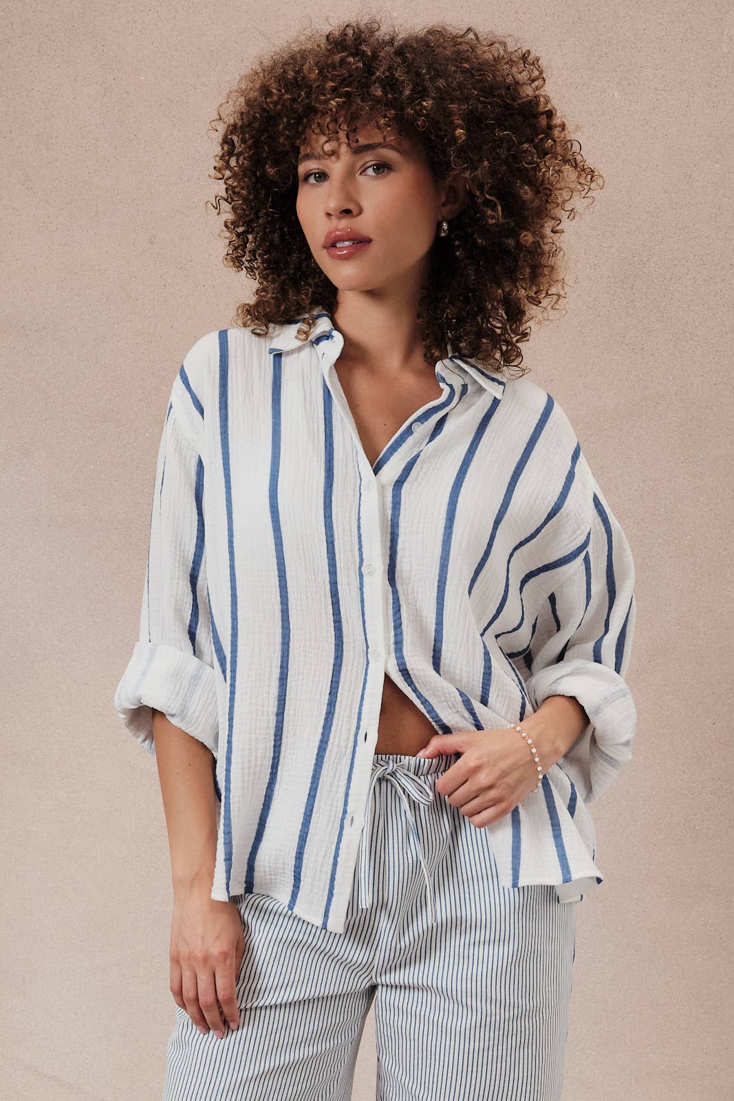DOLMAN LONG SLEEVE BUTTON DOWN DOUBLE GAUZE STRIPE SHIRT