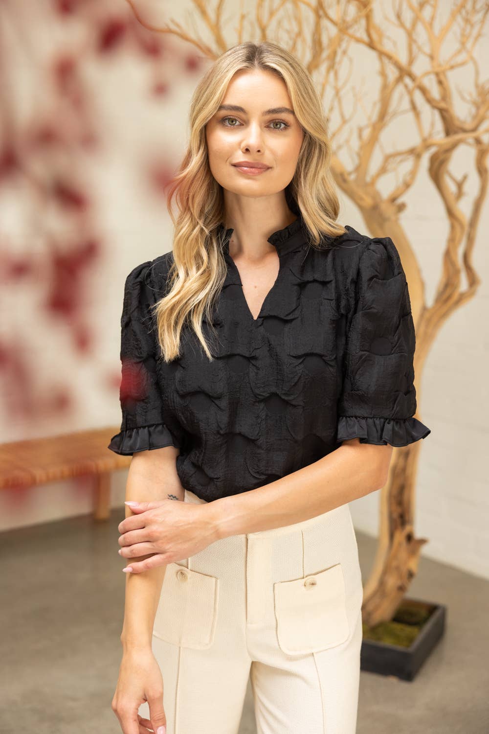 Satin Ruffled  Dotted Textured Top