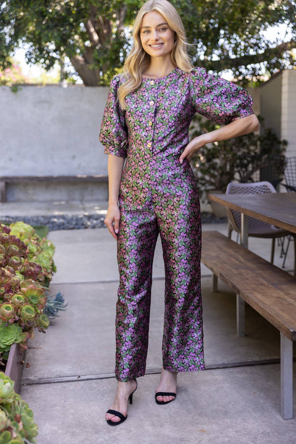 Mid Waist Floral Jacquard Straight Leg Pants