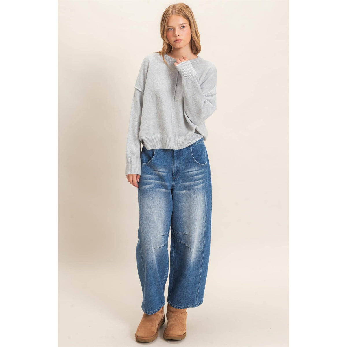 Crew Neck Sweater With Ribbed Hem