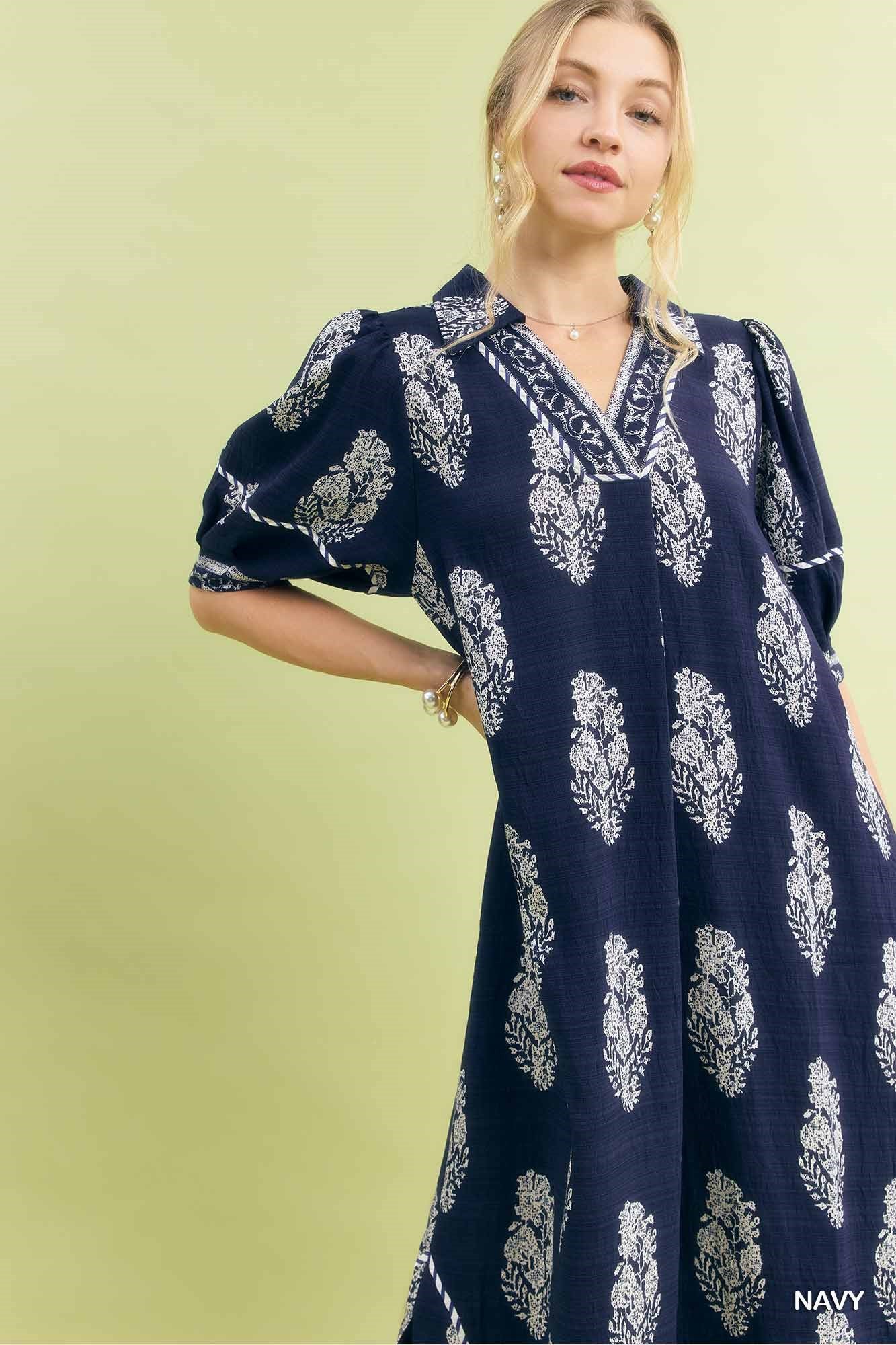 Border Print Collared Midi Dress