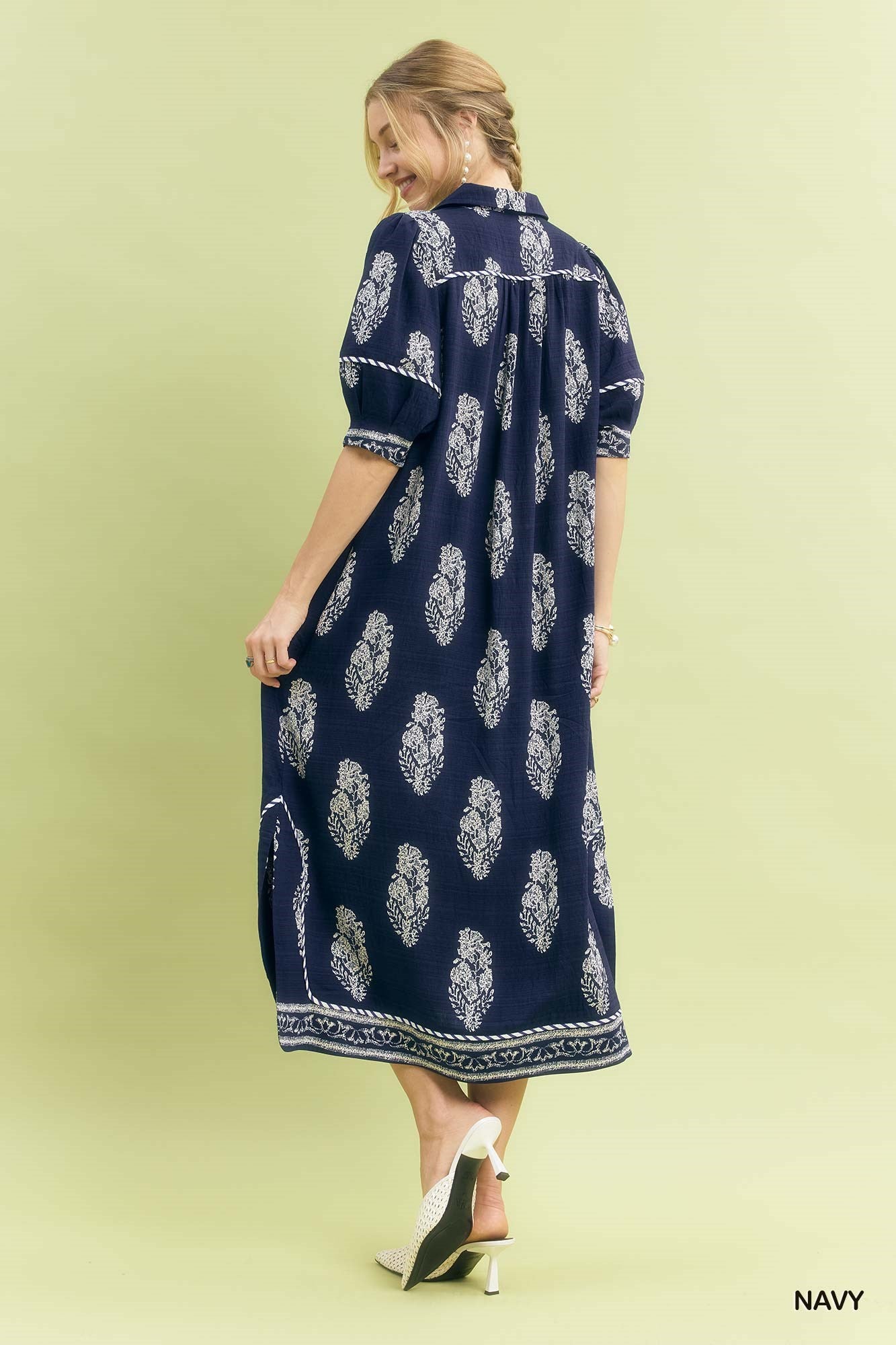 Border Print Collared Midi Dress