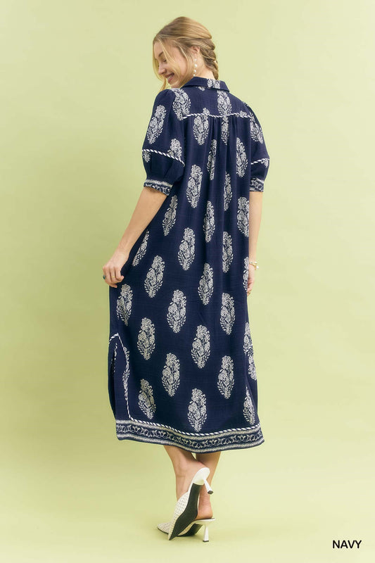 Border Print Collared Midi Dress
