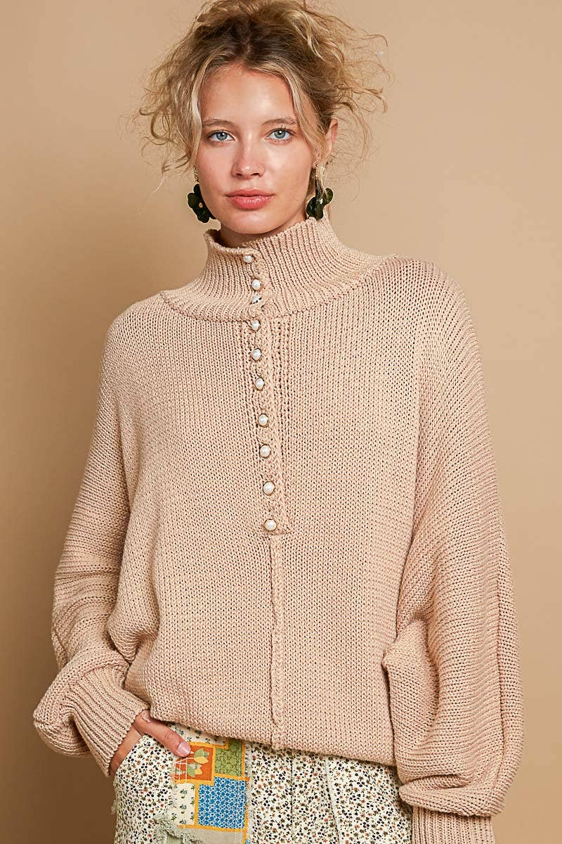 Dolman sleeve mock neck pearl button pullover