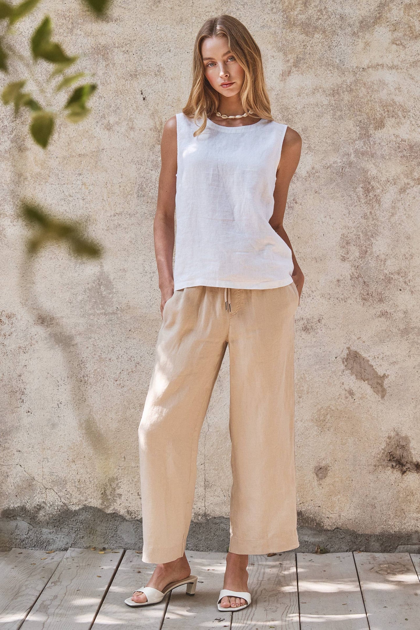 Linen Wide-Leg Drawstring Pants