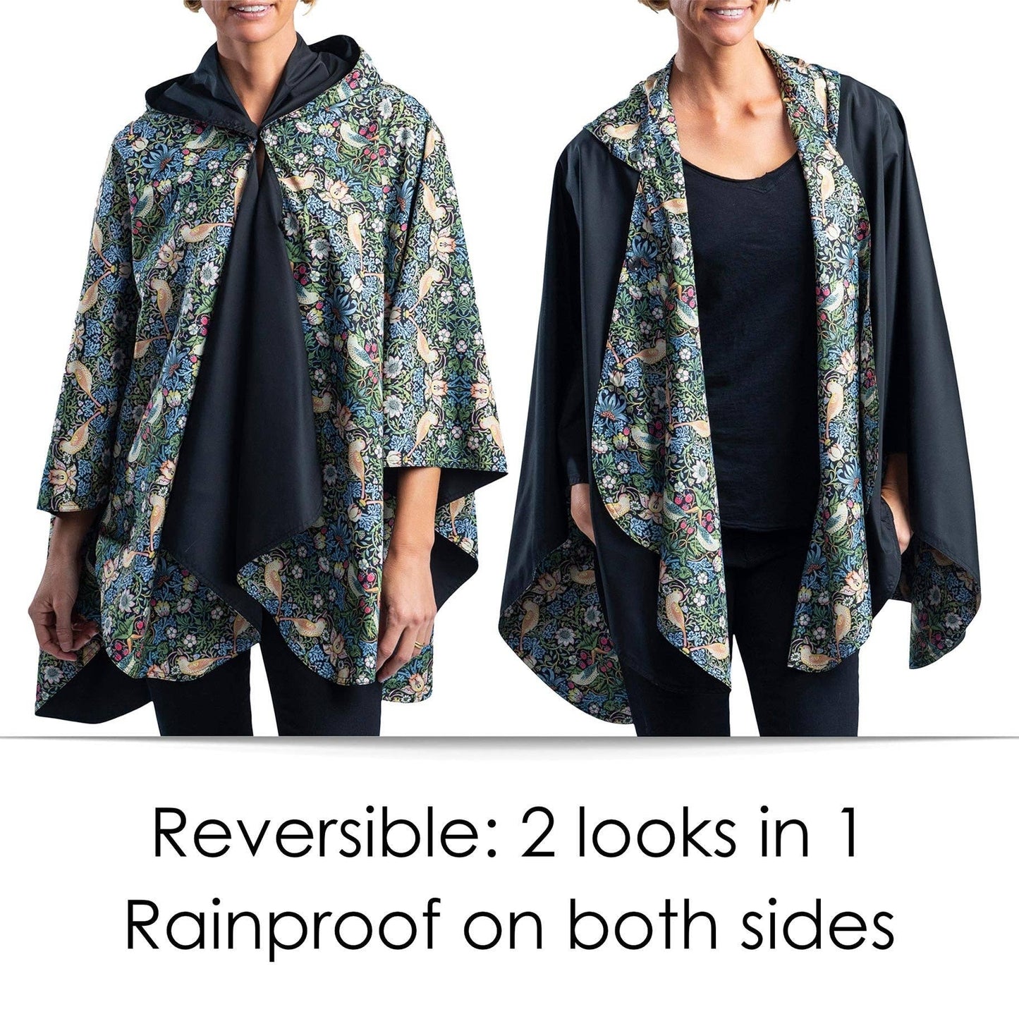 William Morris Strawberry Thief & Black Reversible Rain Cape Poncho – Hooded Womens Wrap