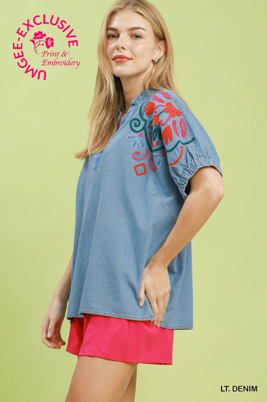 Embroidered Denim Top