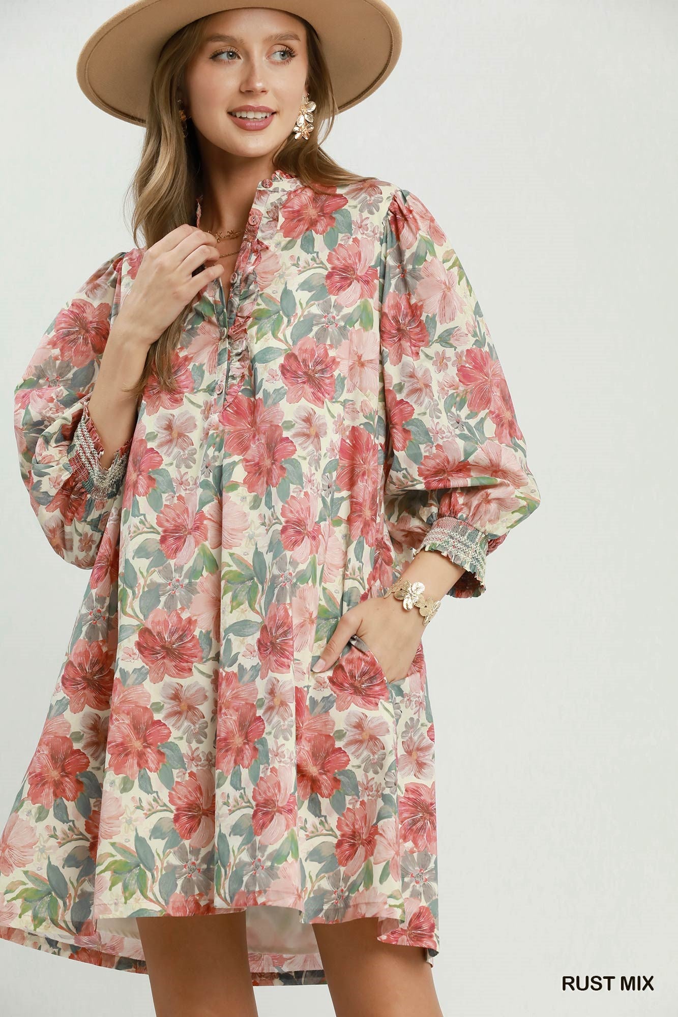 Floral Print Smocked Cuff Dress
