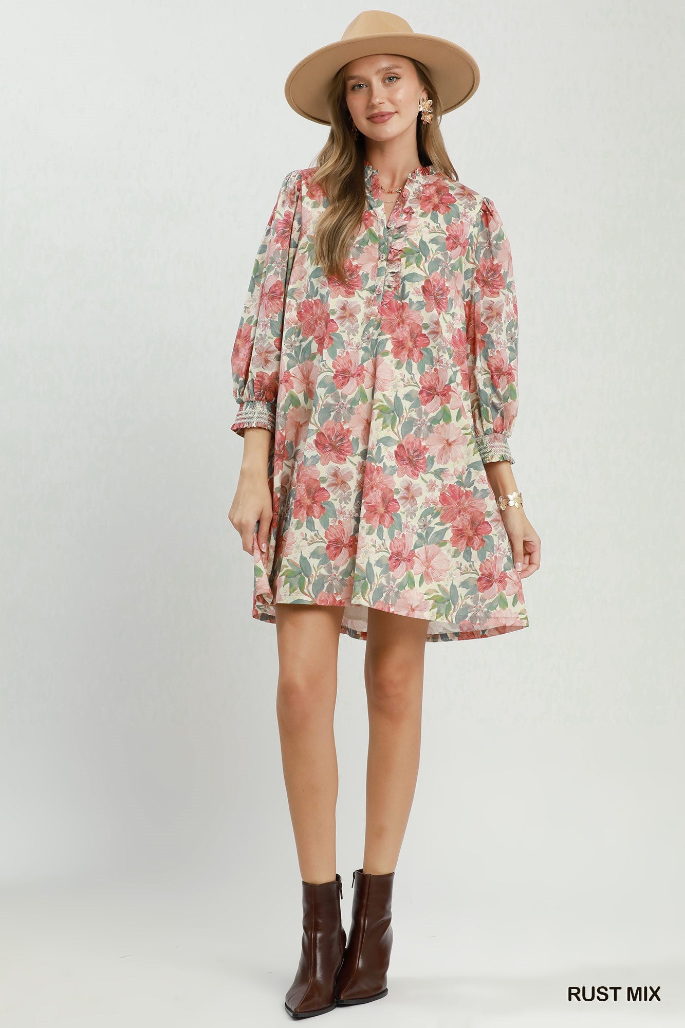Floral Print Smocked Cuff Dress