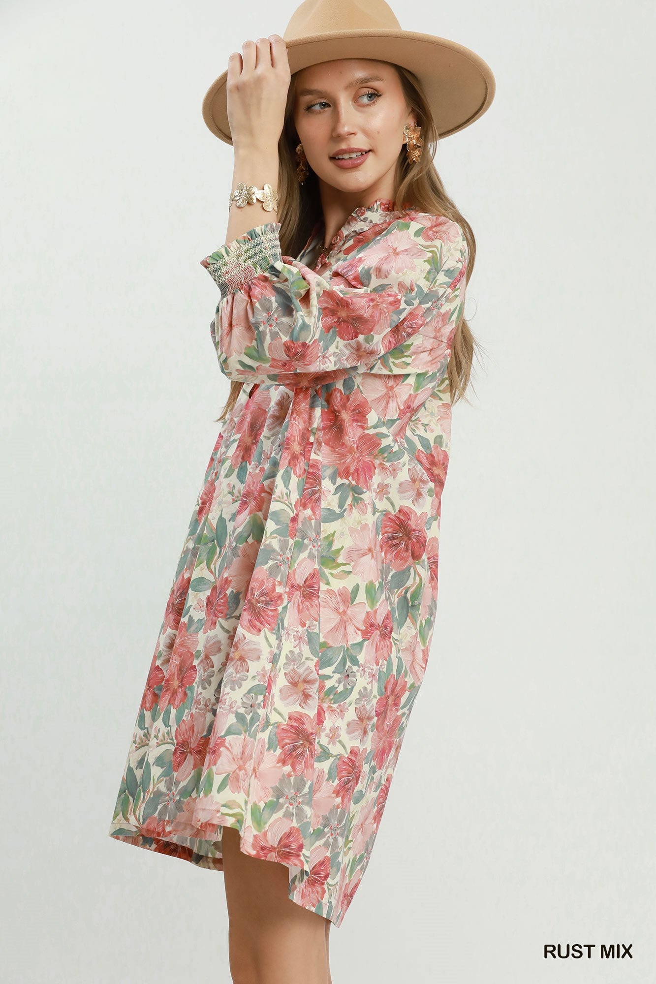 Floral Print Smocked Cuff Dress