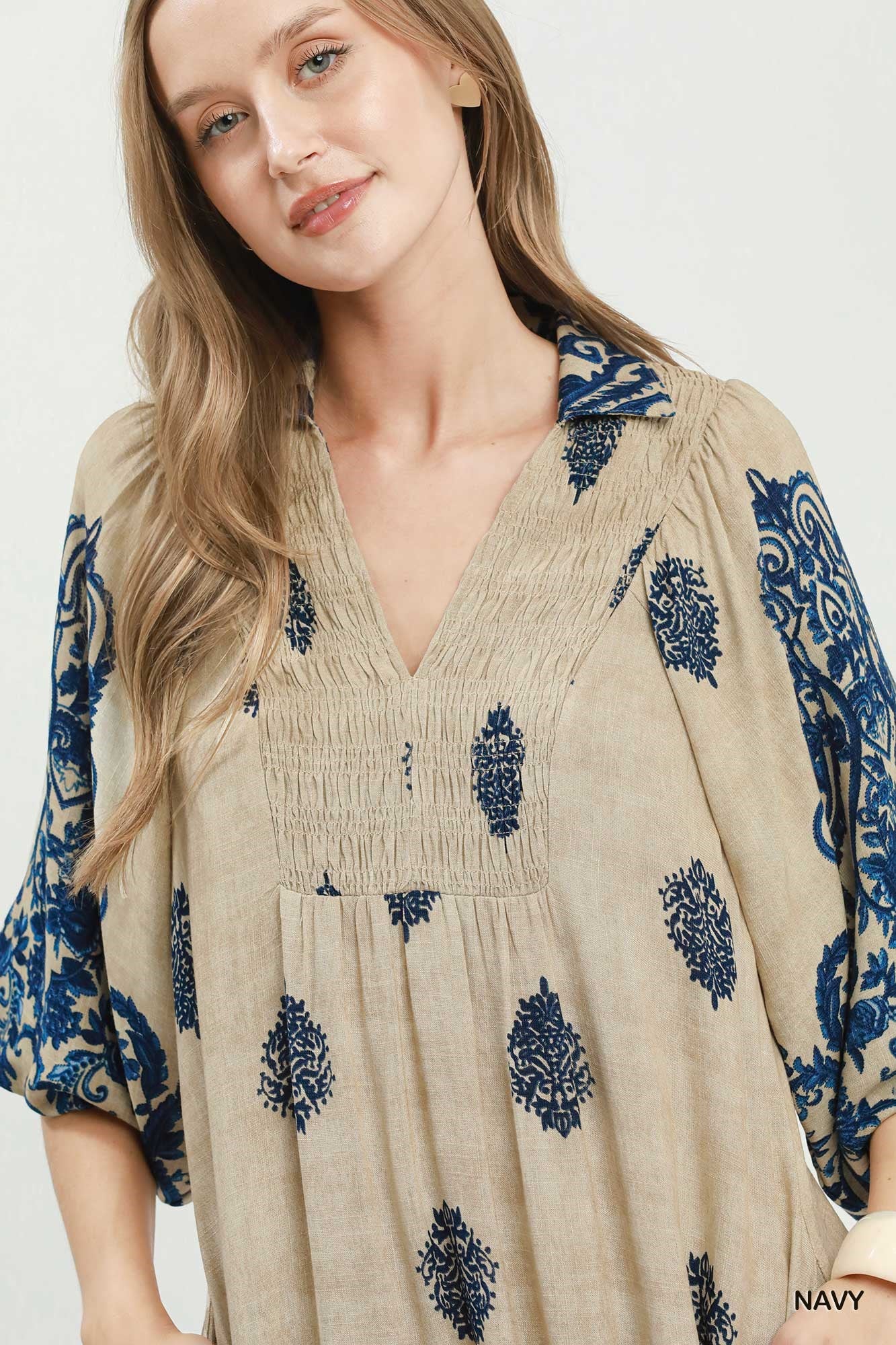 Border Print Smocked Detail Midi Dress