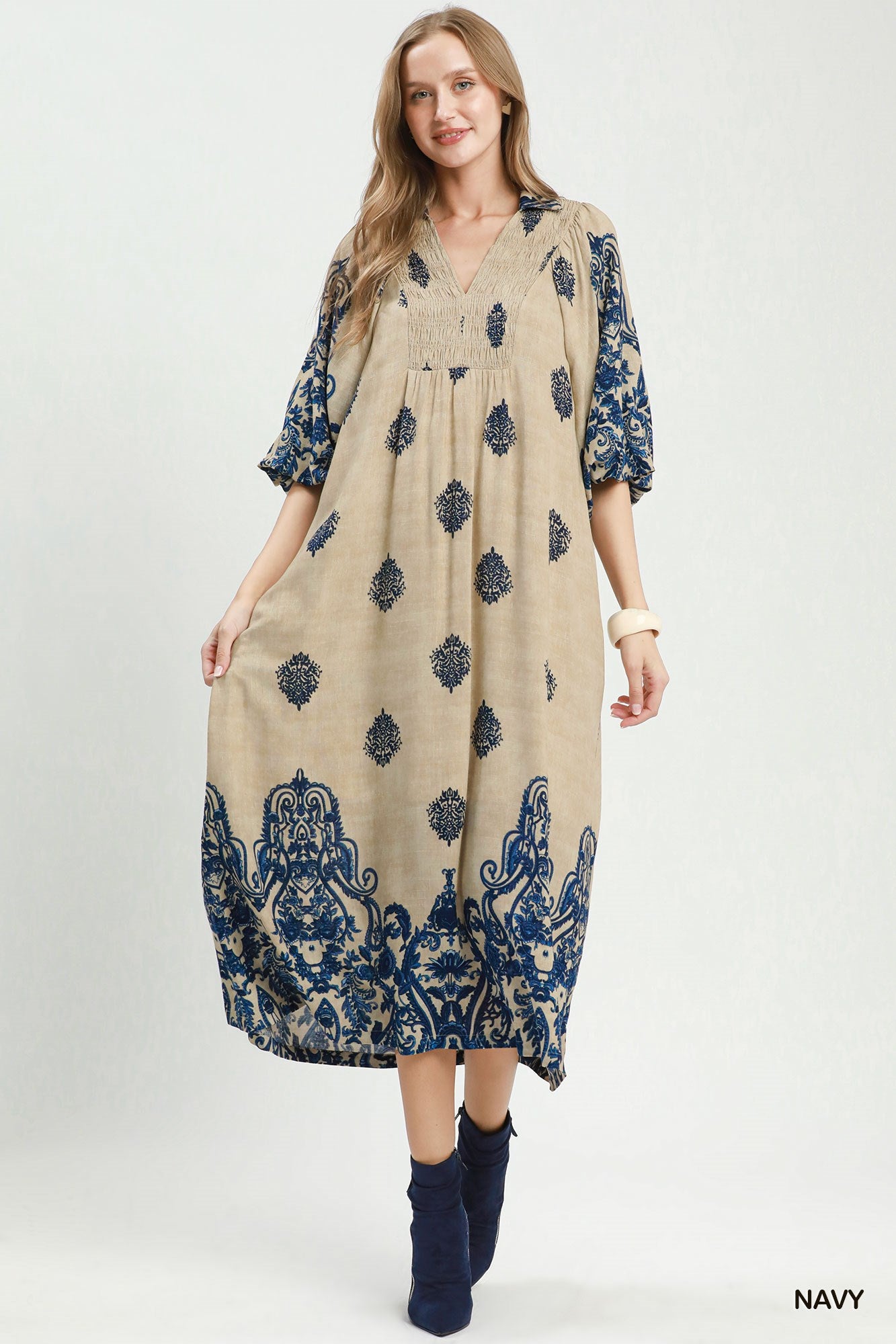 Border Print Smocked Detail Midi Dress