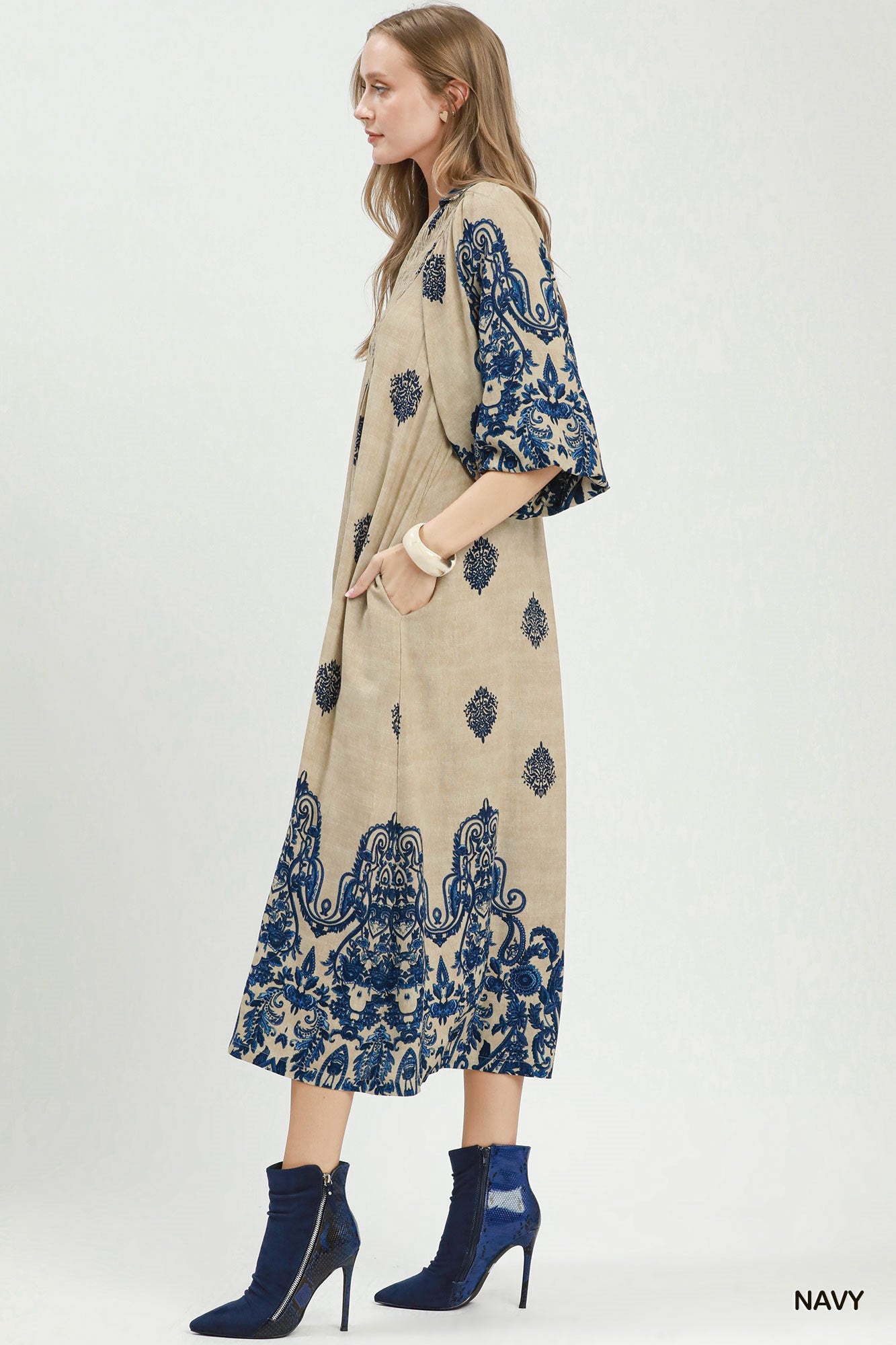Border Print Smocked Detail Midi Dress
