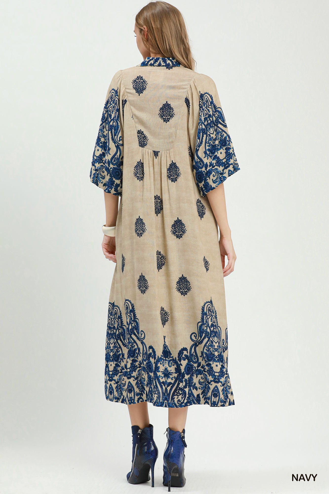 Border Print Smocked Detail Midi Dress