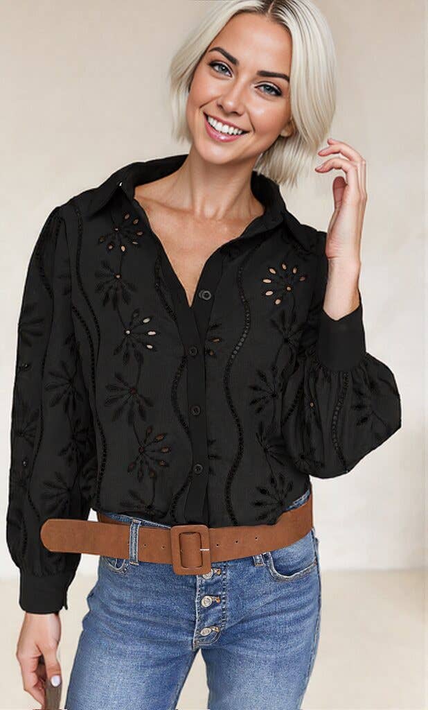 Embroidered Eyelet Long Sleeve Button-Up Blouse