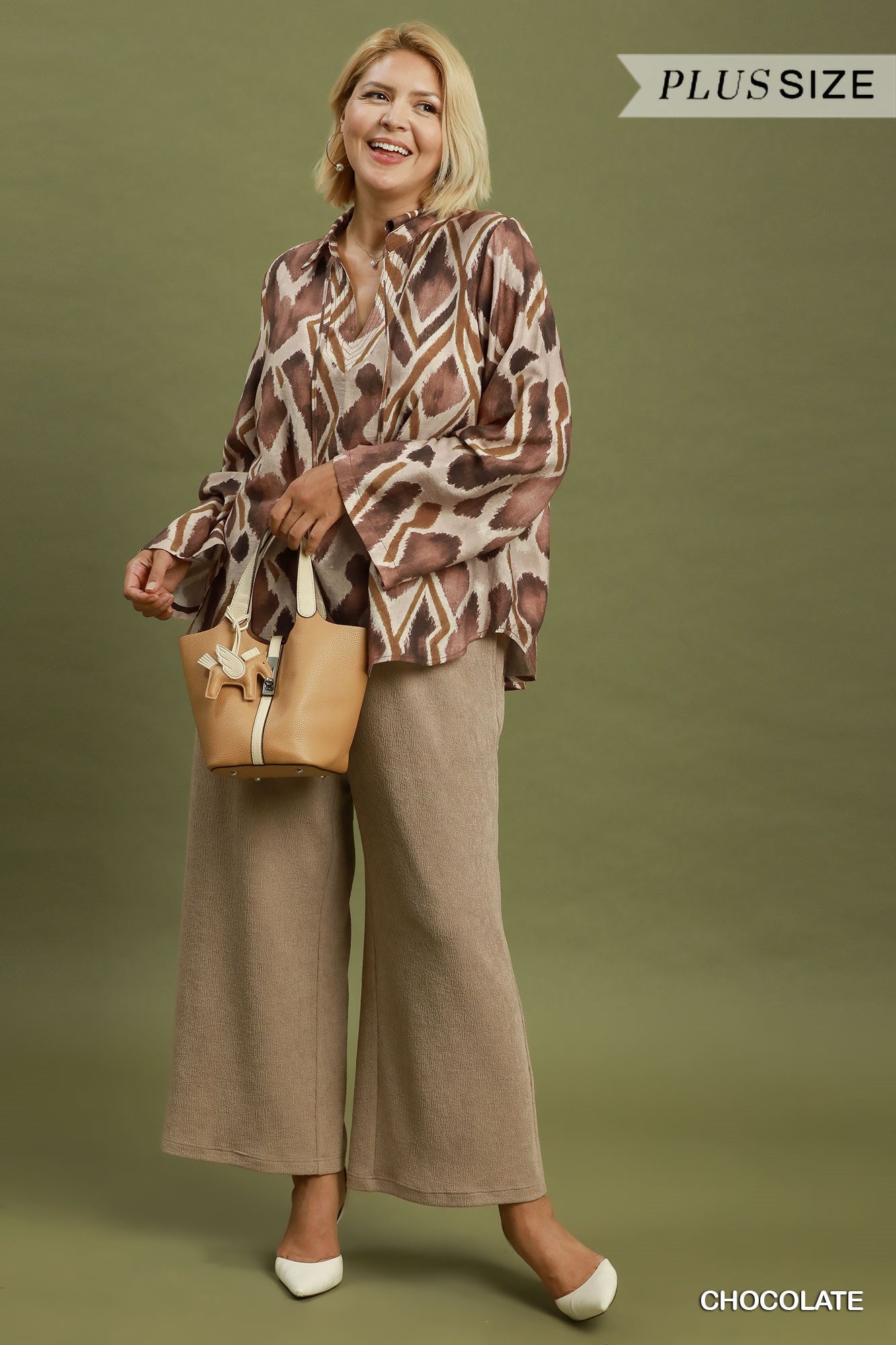 Abstract Ikat Print Tie-Neck Blouse