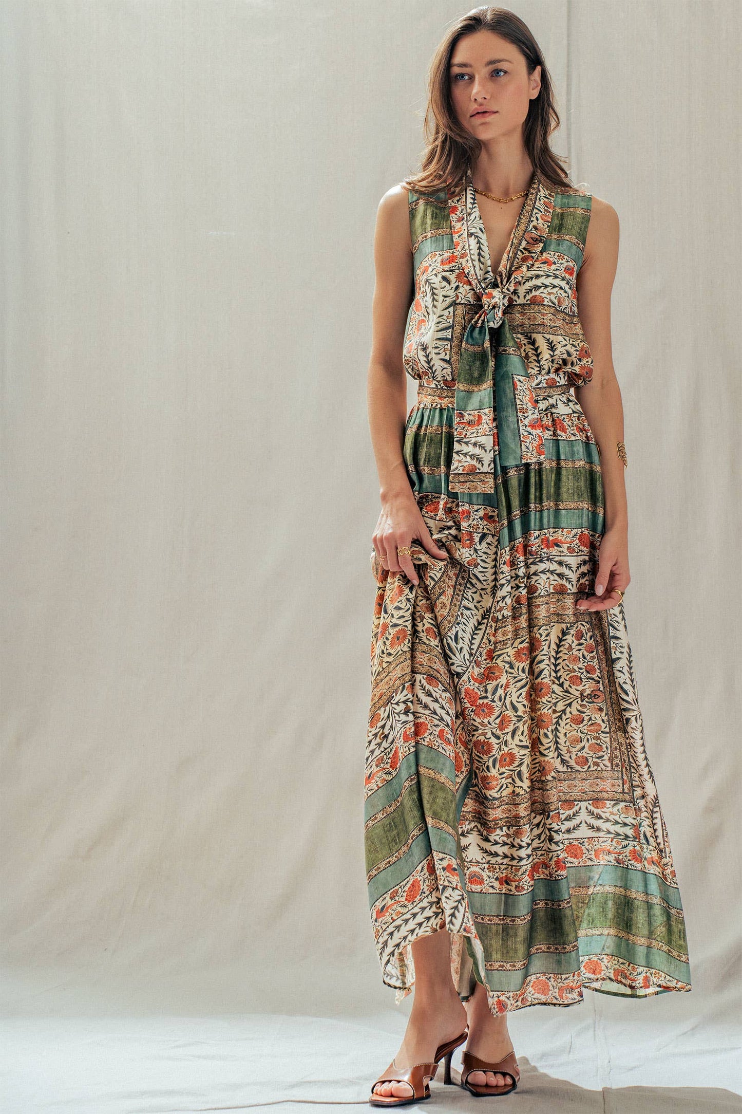 Botanical Bird Print Tencel Blend Maxi Skirt