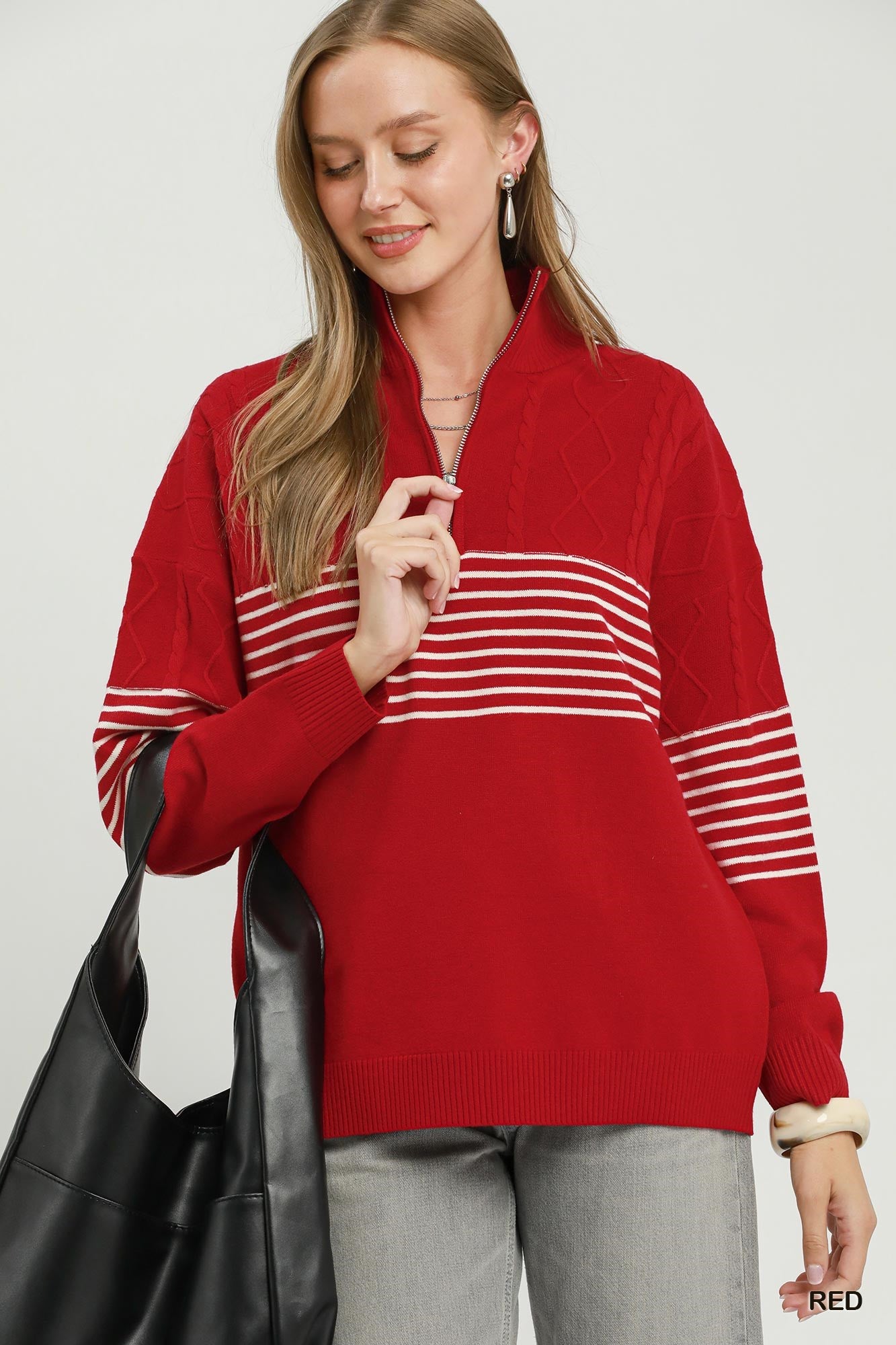 Stripe Detail Quarter Zip Cable Knit Sweater