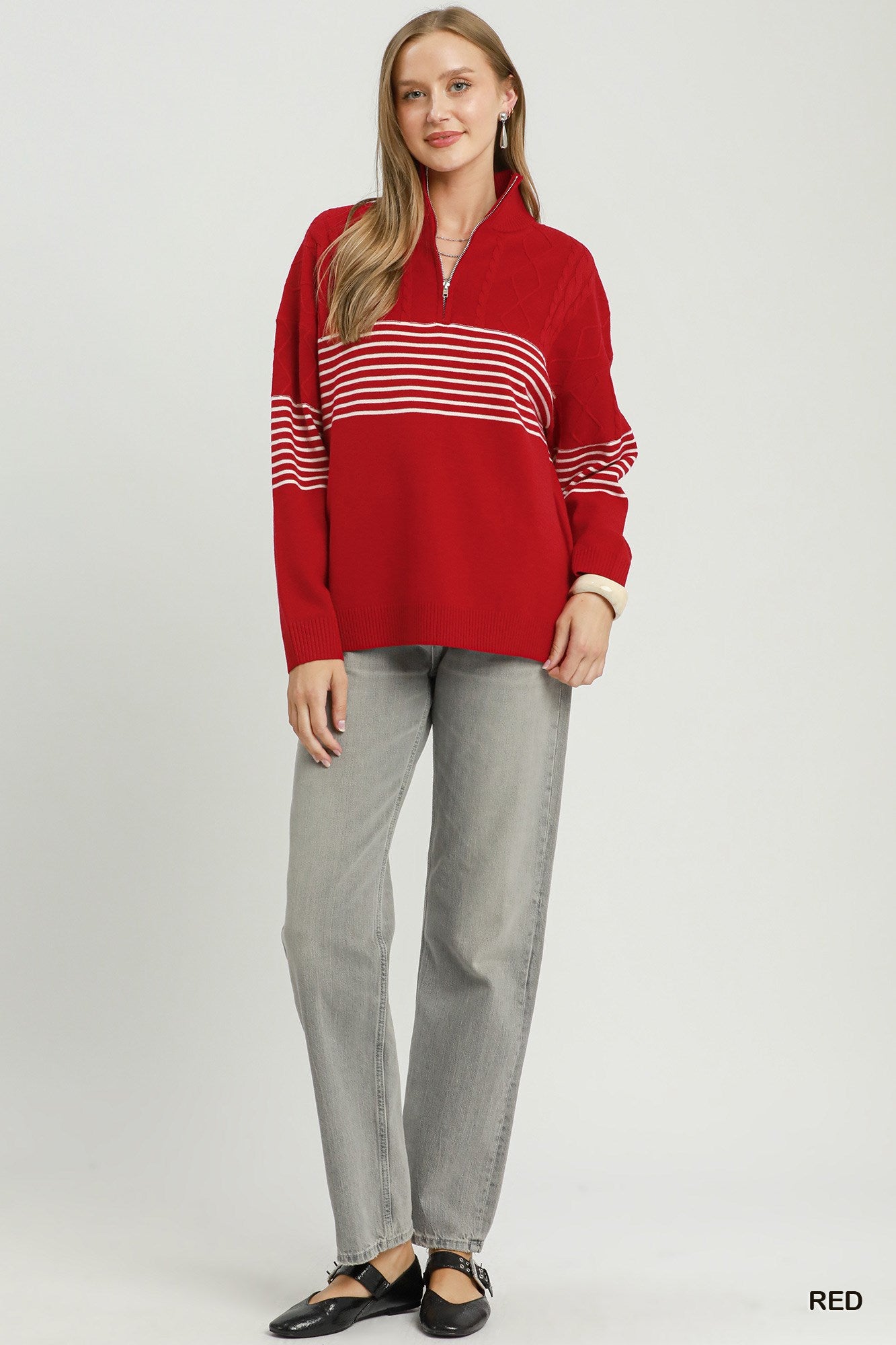 Stripe Detail Quarter Zip Cable Knit Sweater