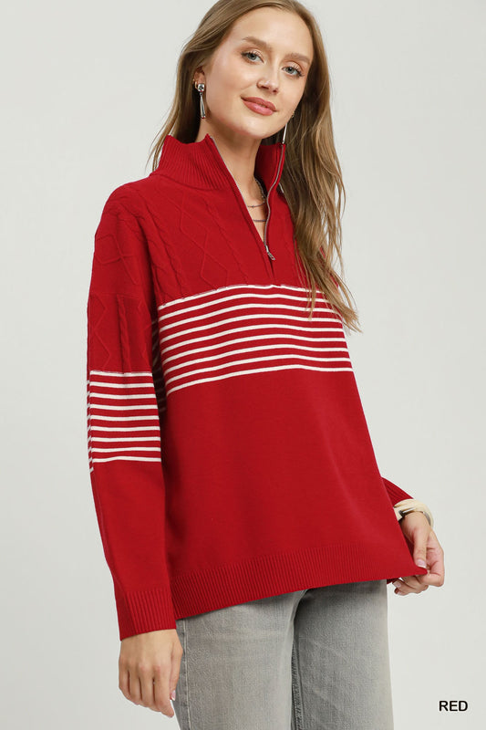 Stripe Detail Quarter Zip Cable Knit Sweater