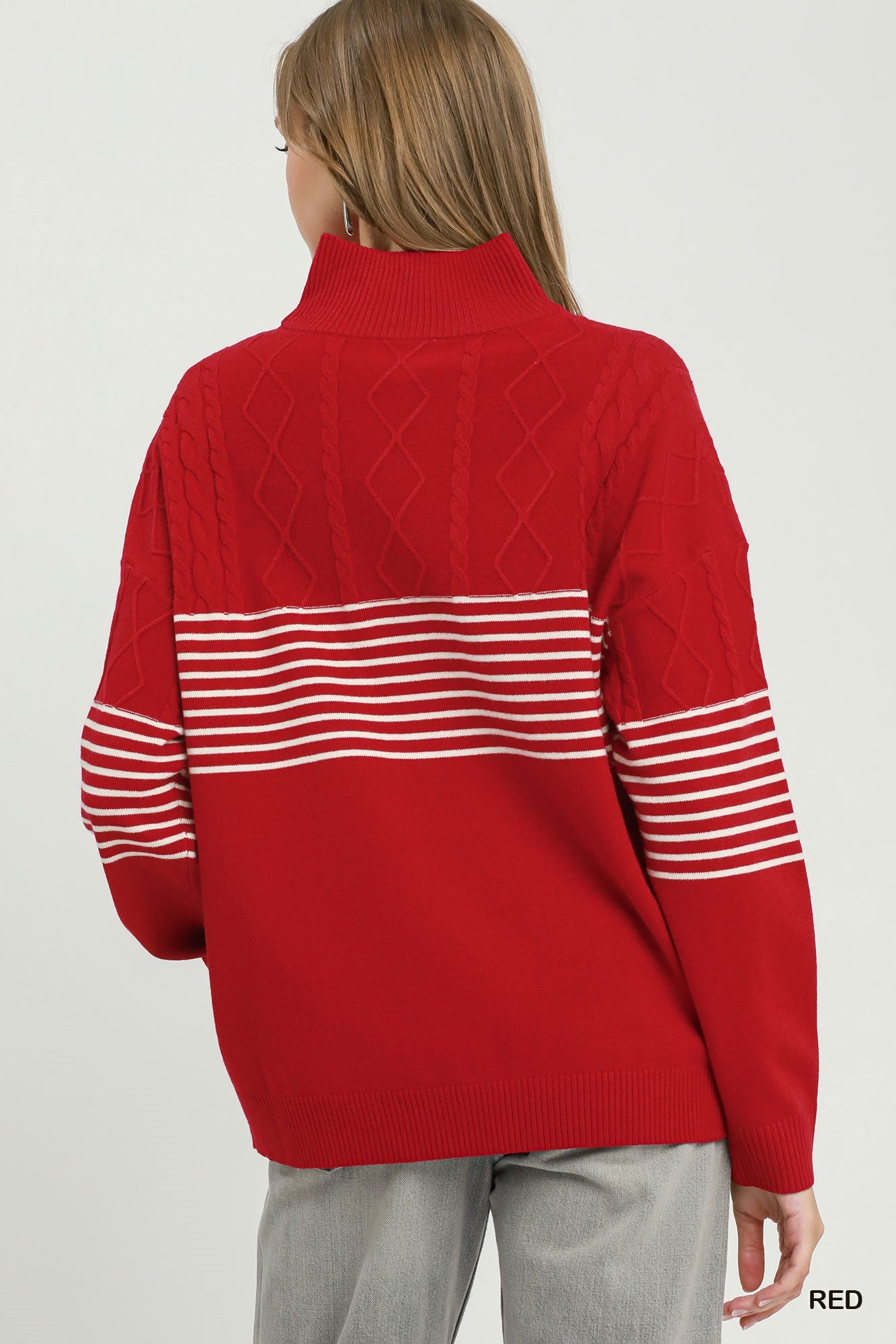 Stripe Detail Quarter Zip Cable Knit Sweater