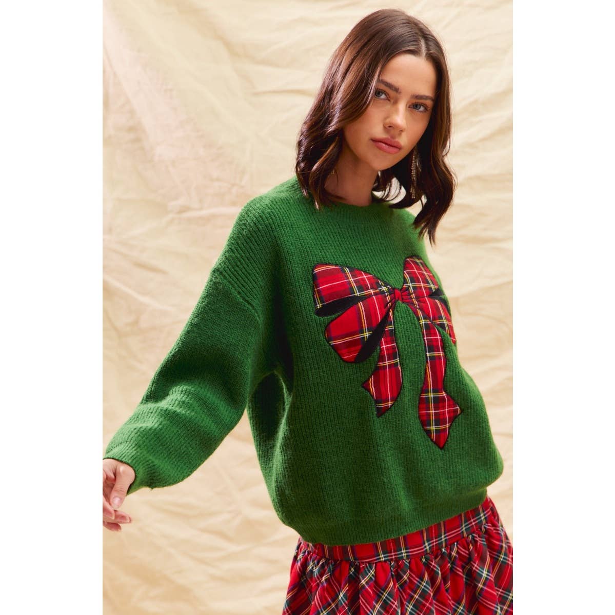 CHECKER PLAID RIBBON CHRISTMAS HOLIDAY SWEATER TOP