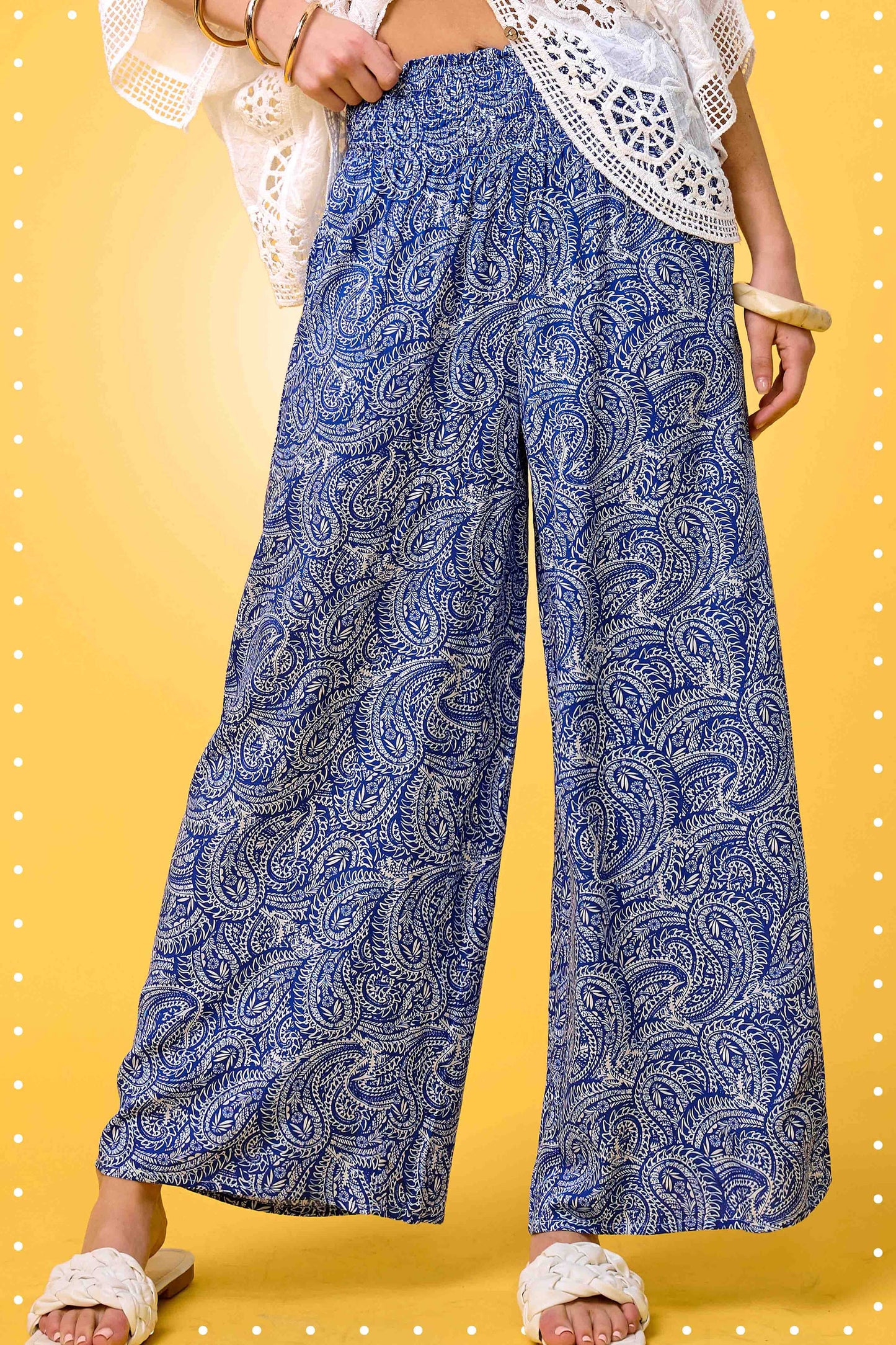 Boho Paisley Print Wide Leg Flowy Pants with Pockets