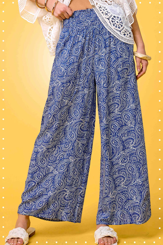 Boho Paisley Print Wide Leg Flowy Pants with Pockets