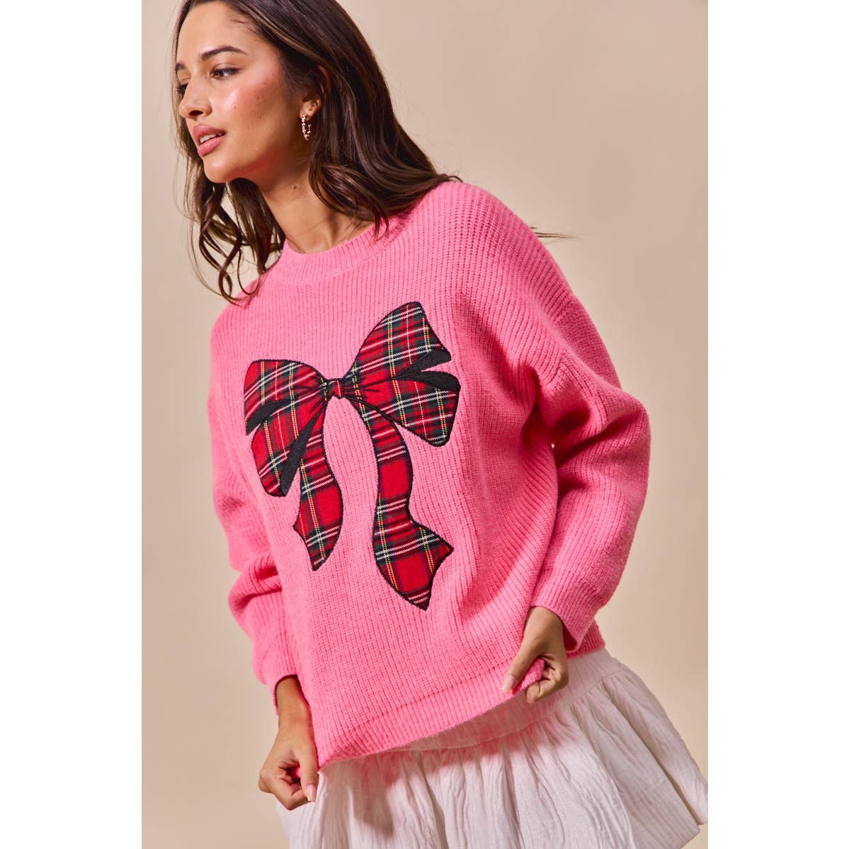 CHECKER PLAID RIBBON CHRISTMAS HOLIDAY SWEATER TOP