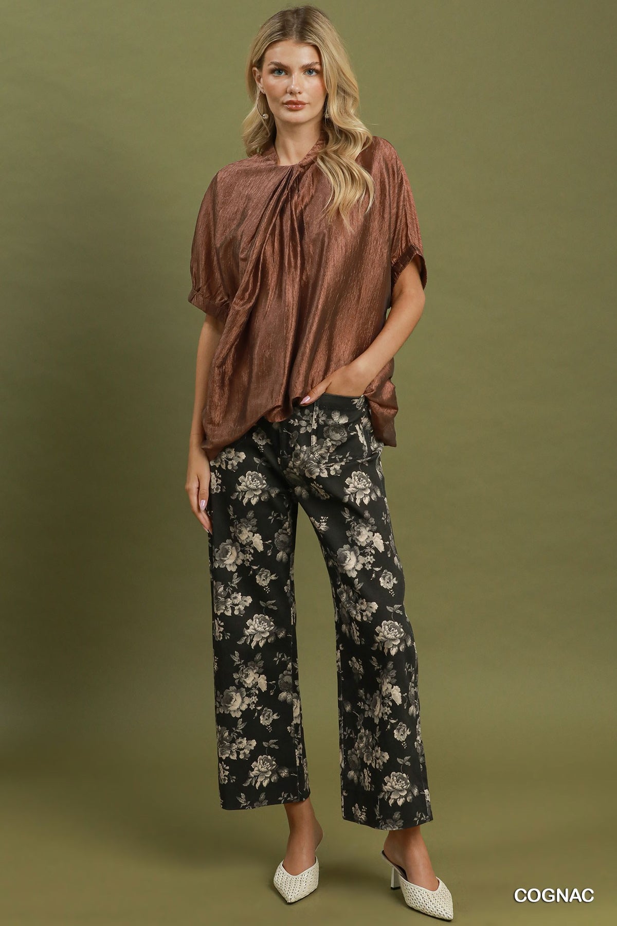 Pleated Neck Short Sleeve Top