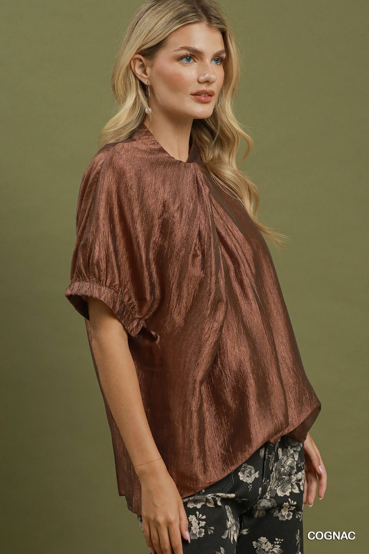 Pleated Neck Short Sleeve Top