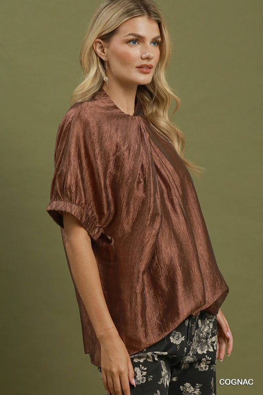 Pleated Neck Short Sleeve Top