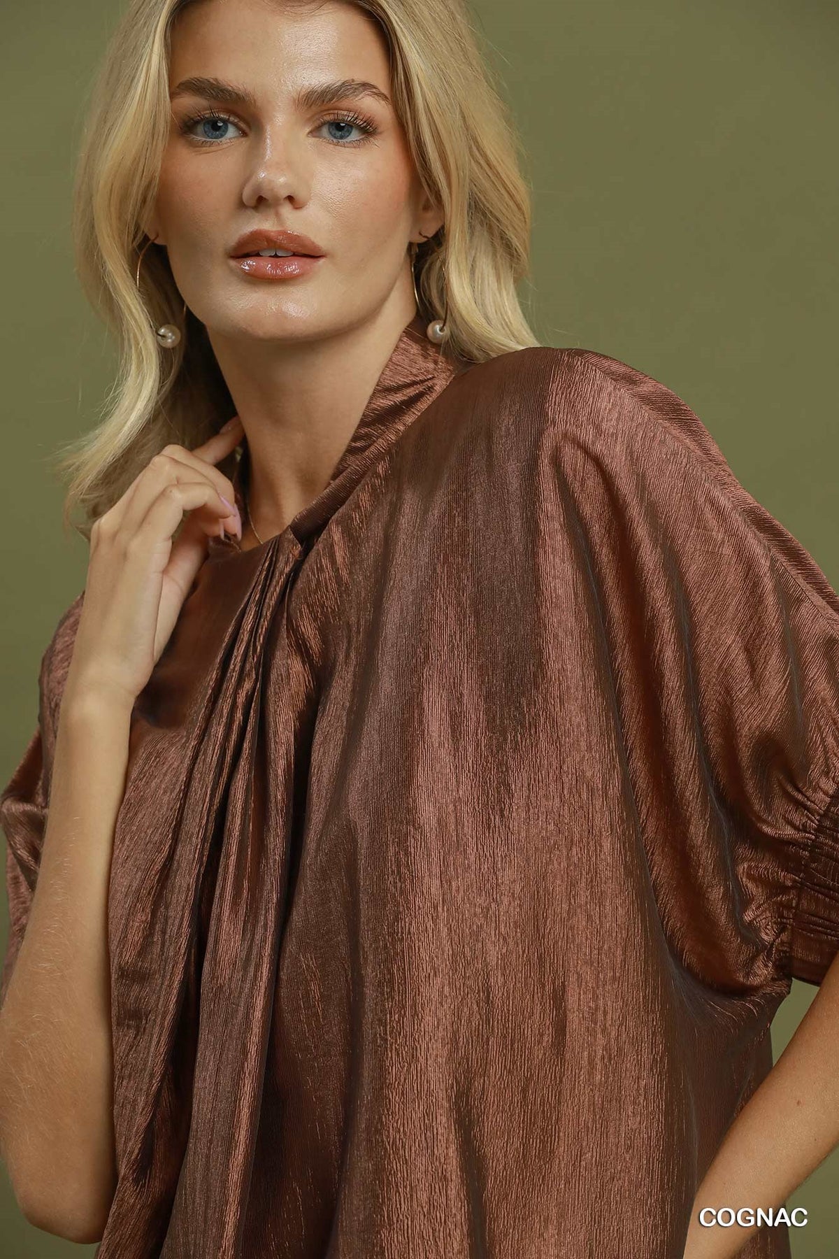 Pleated Neck Short Sleeve Top