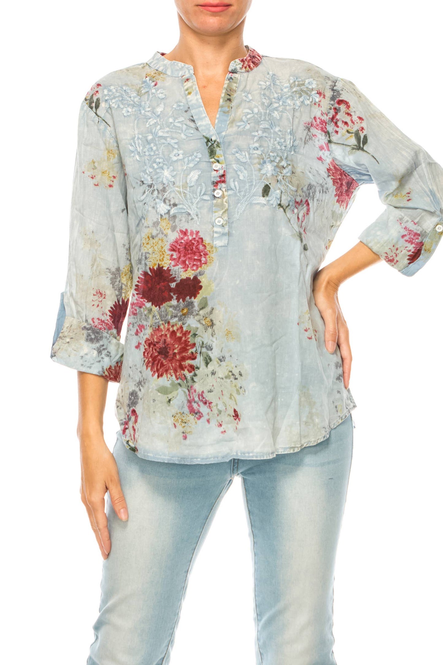 Vintage Light Blue Floral Printed Tunic with Embroidery