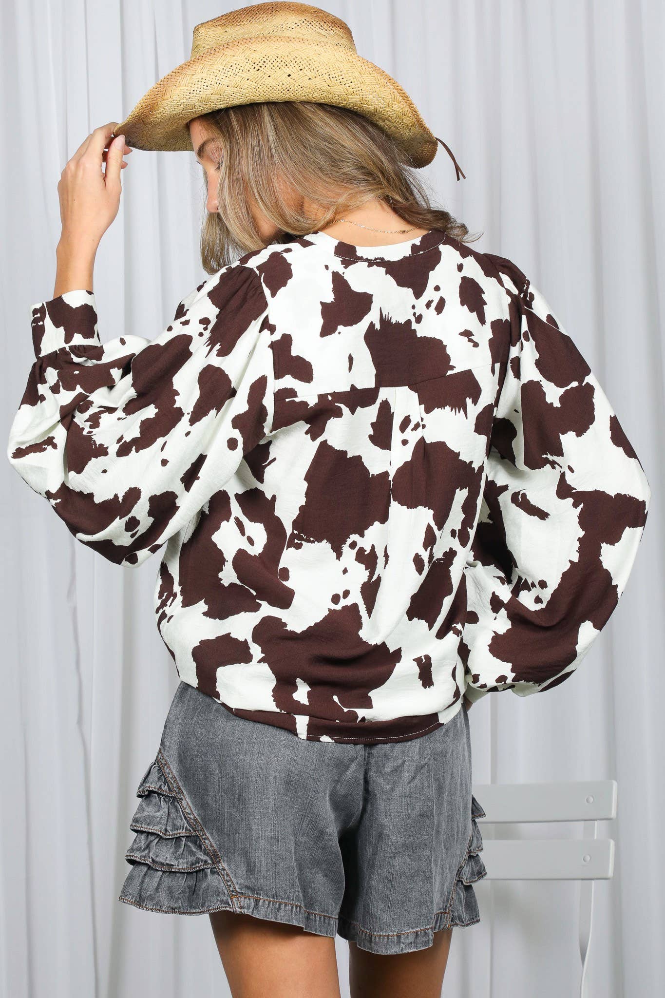 Western-Inspired V-Neck Cow Print Shirt
