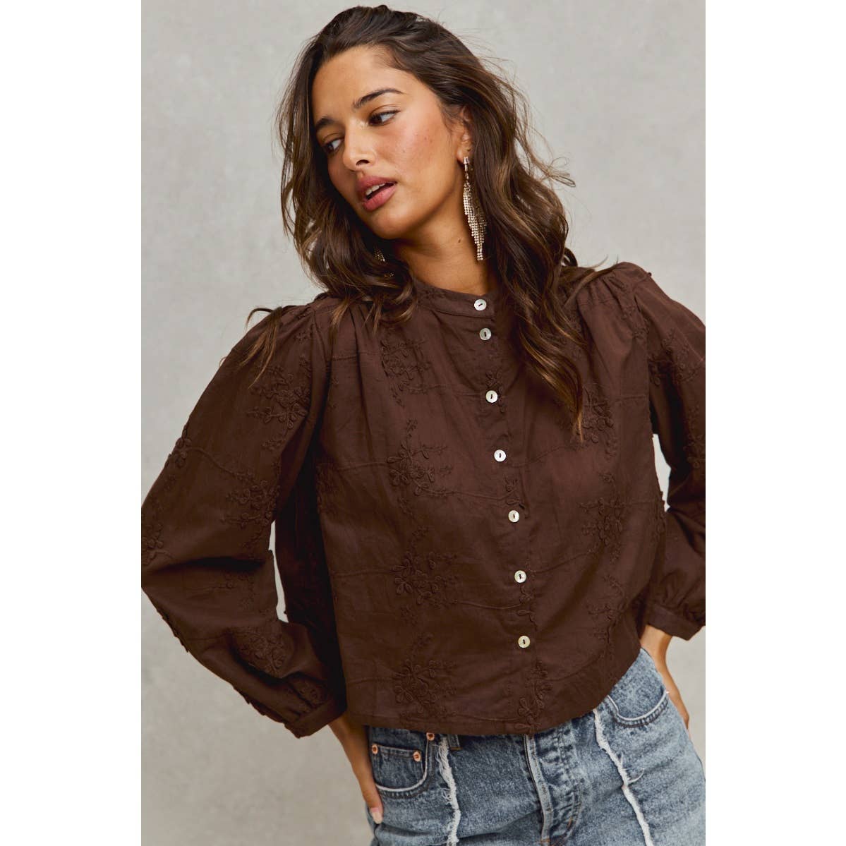 3D FLORAL WOVEN LONG SLEEVE FRONT BUTTON SHIRT