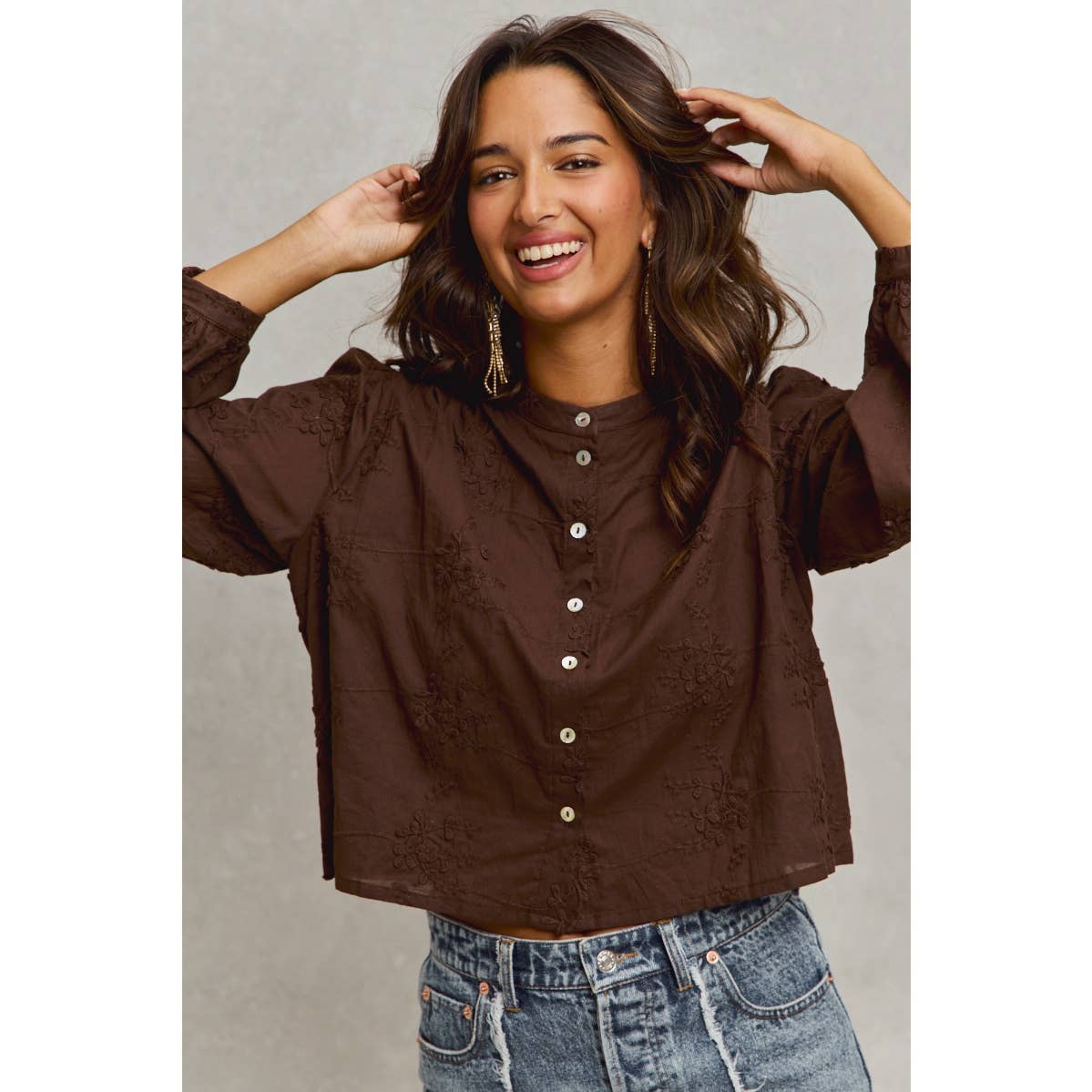 3D FLORAL WOVEN LONG SLEEVE FRONT BUTTON SHIRT