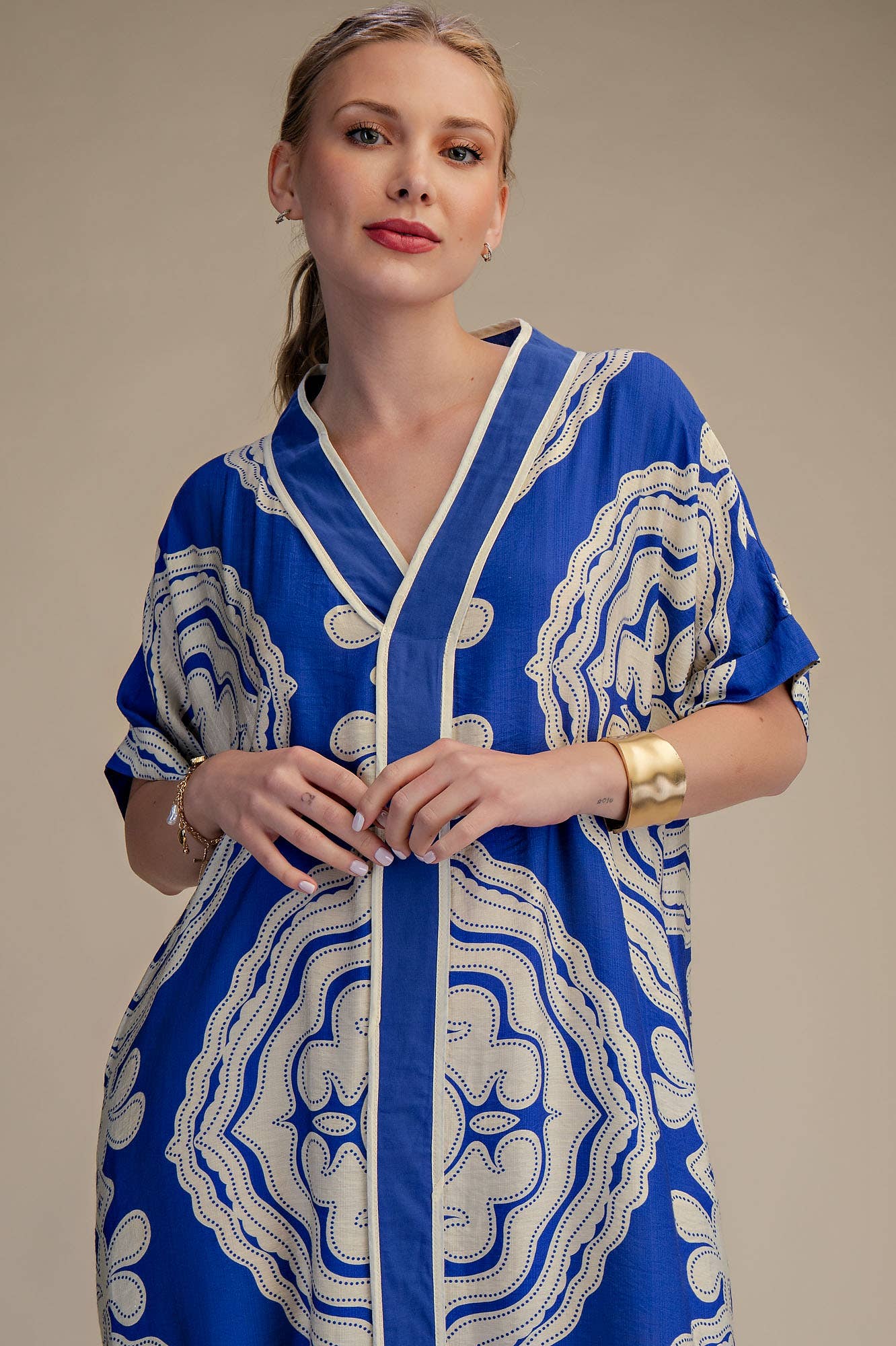 V-Neck Short Sleeve Maxi Print Dress