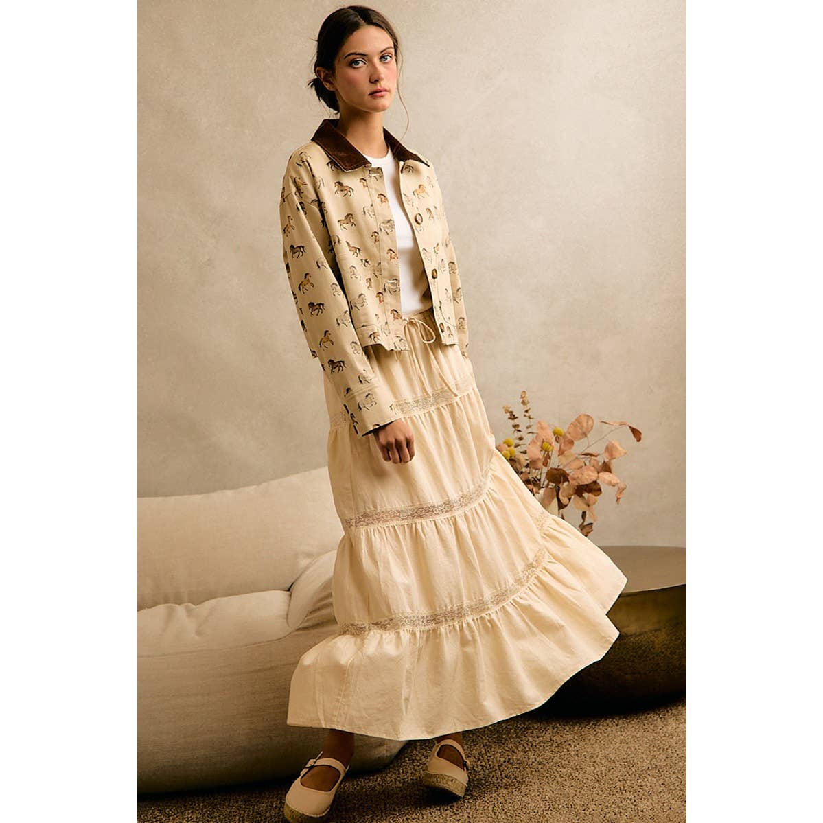 HORSE PRINT CORDUROY COLLAR JACKET