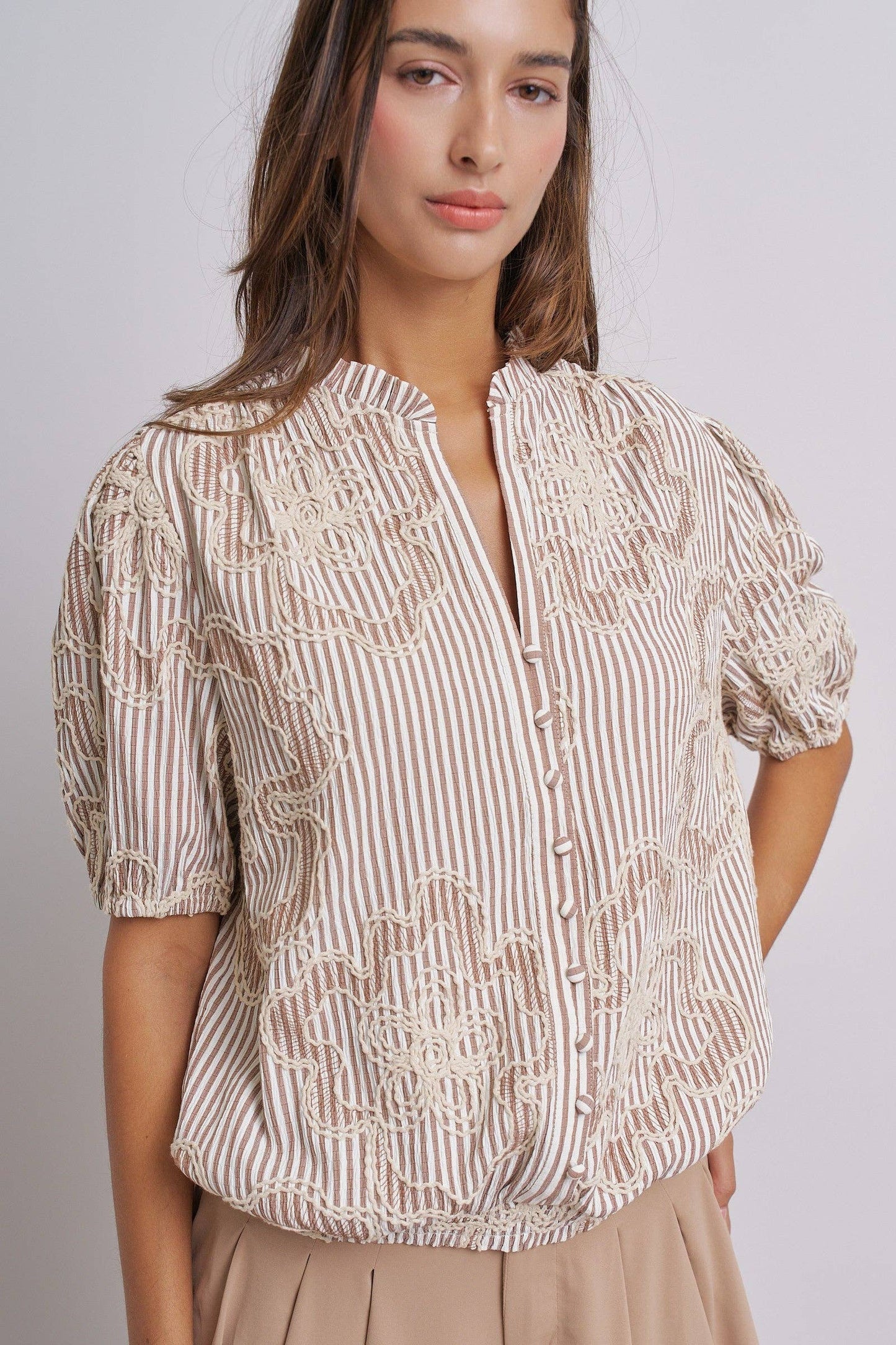 Corded Lace Embroidered Striped Puff Sleeve Blouse