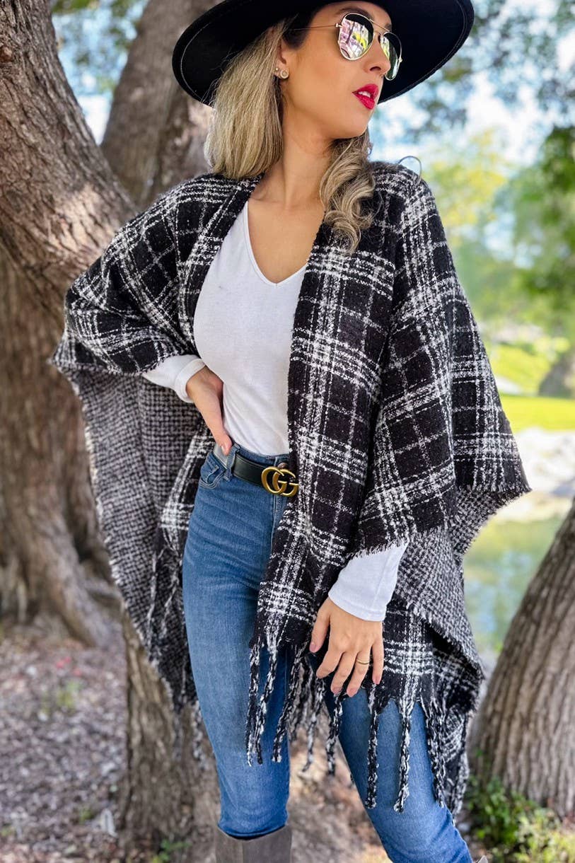 Black Plaid printed Reversible Knit Ruana Cape Cardigan