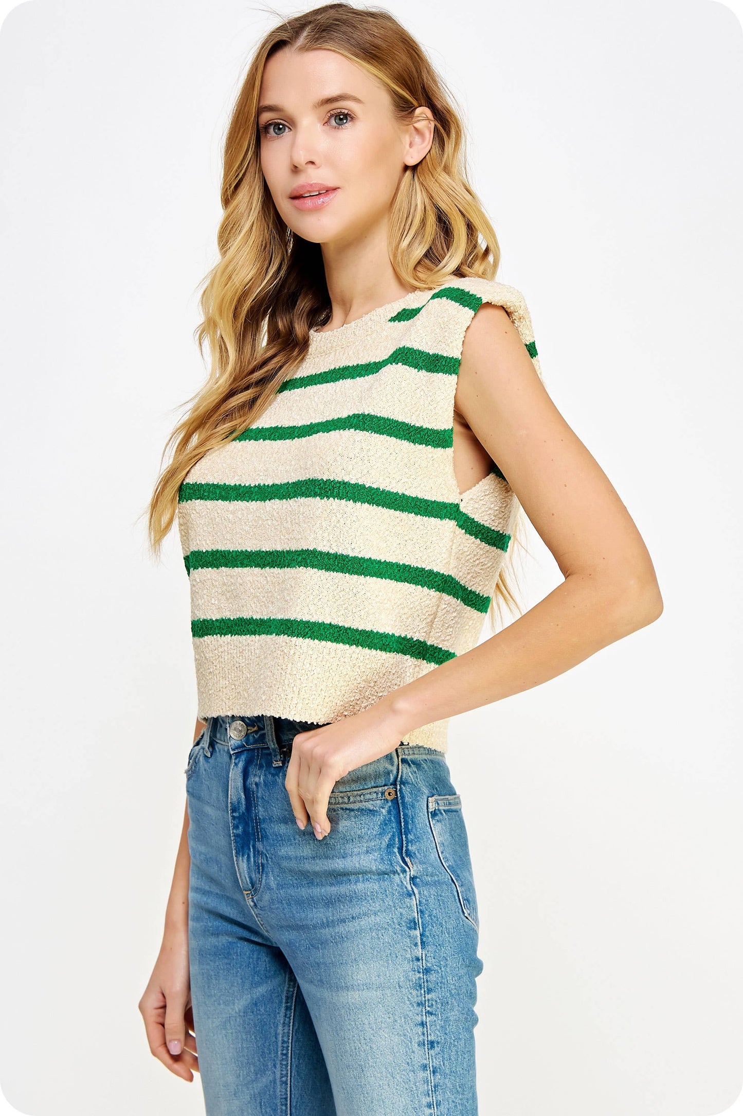 Shoulder Pad Sleeveless Textured Striped Knit Top