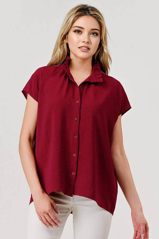 Lila Button Down Short Sleeve Game Day Top Burgundy